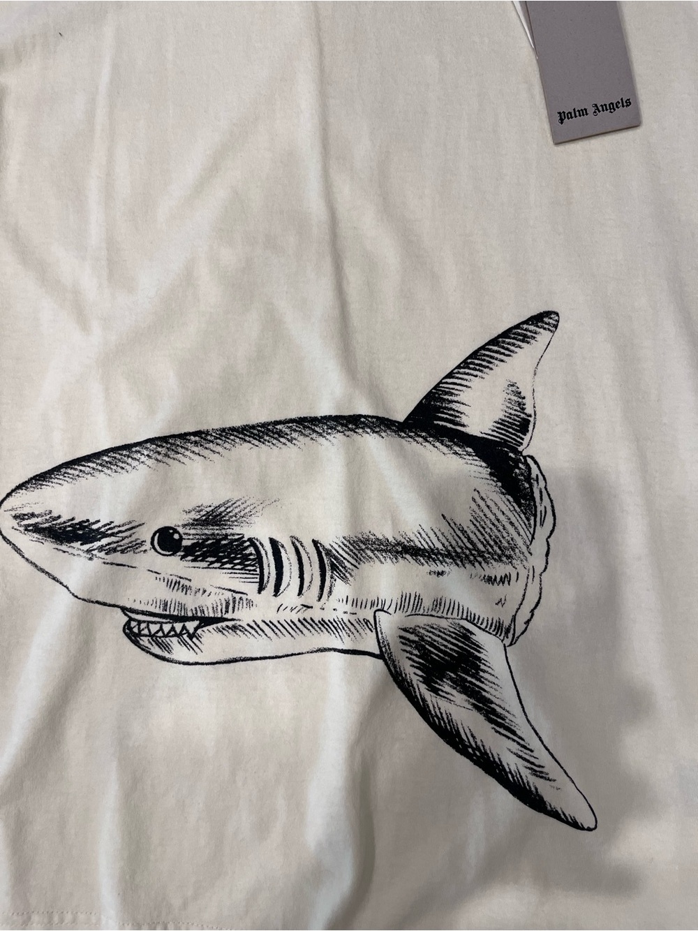 Palm Angels Cream T-Shirt with Black Shark Print - Picture 2 of 6